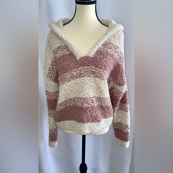 Women’s Hippie Rose dusty pink and‎ beige hooded knit sweater size Large - Picture 1 of 7